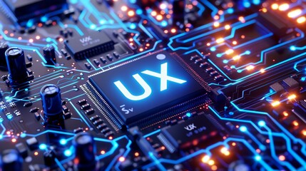A close-up view with the acronym UX displayed on a microchip, representing the concept of  the User Experience.
 - obrazy, fototapety, plakaty