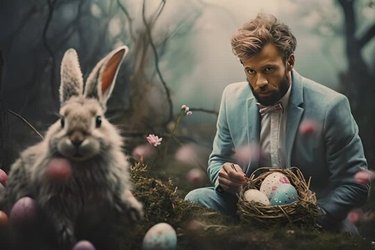 A man in a blue suit sits with a giant rabbit and colored Easter eggs in a misty, magical forest.