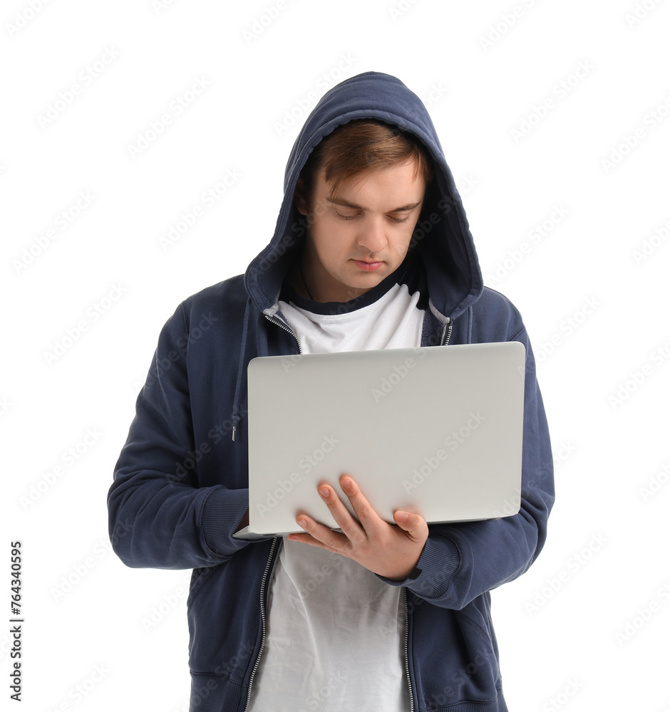 Wall mural hacker using laptop on white background