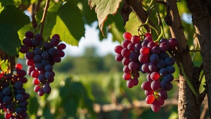 Red grapes hanging from a vine tree