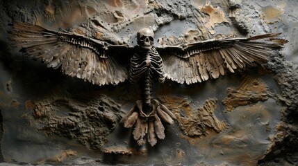 A skeleton of a bird with wings spread out on the wall, AI