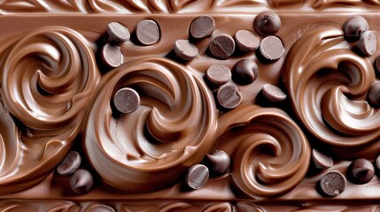 a close up of a piece of chocolate with chocolate swirls on the top of it and chocolate chips on the bottom of the chocolate.