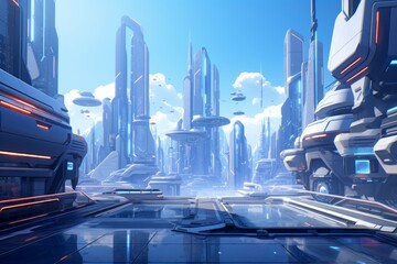 A futuristic cityscape in a VR environment - obrazy, fototapety, plakaty