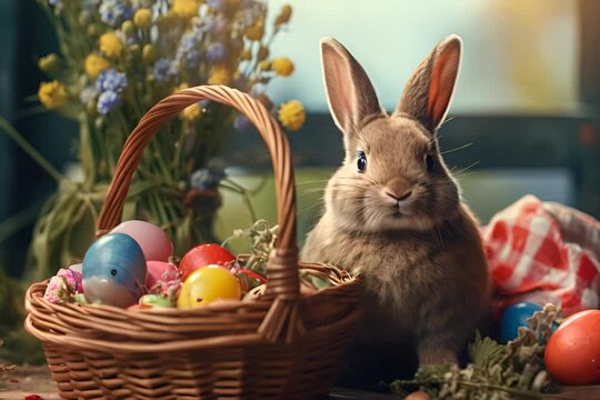 An adorable bunny peeking out from behind a wicker basket filled with colorful Easter eggs, set against a backdrop of spring flowers, symbolizing the joy and renewal of the Easter season.