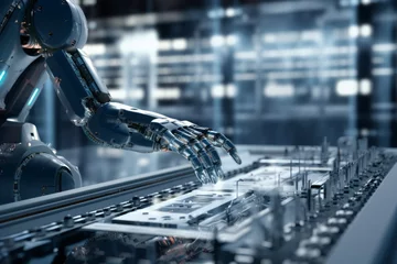 Foto op Aluminium A robotic hand handling data components in a high-tech manufacturing facility © KerXing