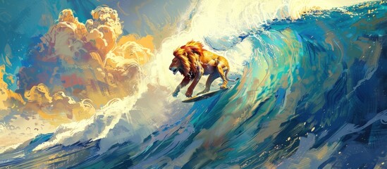 An attractive poster with an illustration of a cartoon lion character ruling the waves, conveying the impression of adventure and courage in the vast ocean. - obrazy, fototapety, plakaty