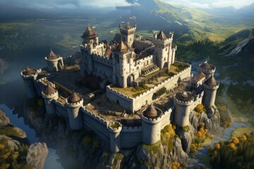 Aerial view of a medieval castle perched on a rugged hilltop - obrazy, fototapety, plakaty