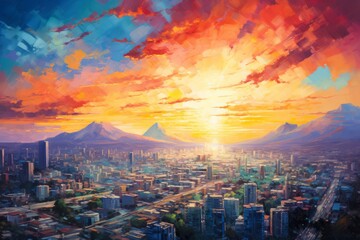 An aerial view of a cityscape during a dynamic sunrise, painting the sky with vivid colors