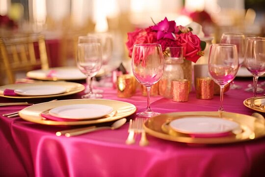 A luxurious dinner table setting in vibrant pink and gold tones, featuring elegant glassware, golden utensils, and a floral centerpiece, perfect for a sophisticated event or celebration.