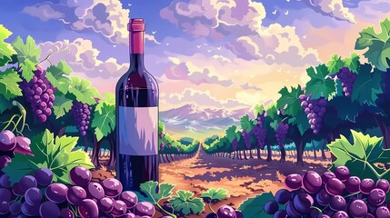 Naklejka premium a bottle of wine and a glass of wine, an image for a winery, wine plantations vines