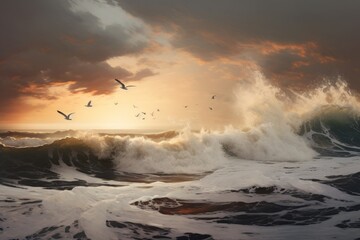 Coastal sky background with seagulls soaring over crashing waves