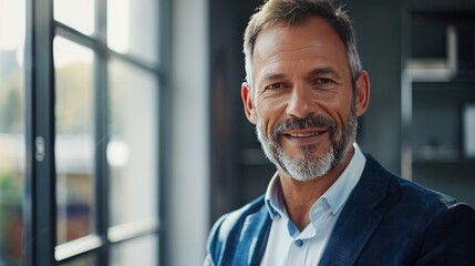 Mature 55 year old confident businessman executive standing in office looking at camera