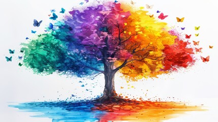 a painting of a colorful tree with butterflies on the top and bottom of the tree, with a white background.