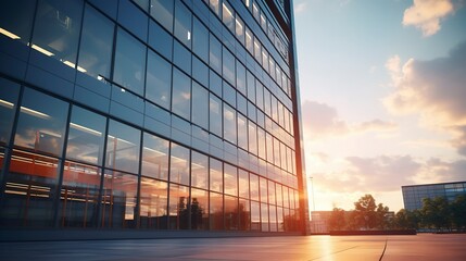 Modern office building exterior with reflective glass facade at sunset.