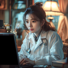 Korean female doctor, sitting alone in her clinic and looking at a patient's history. Female doctor studying her patient's case
 in the hospital office