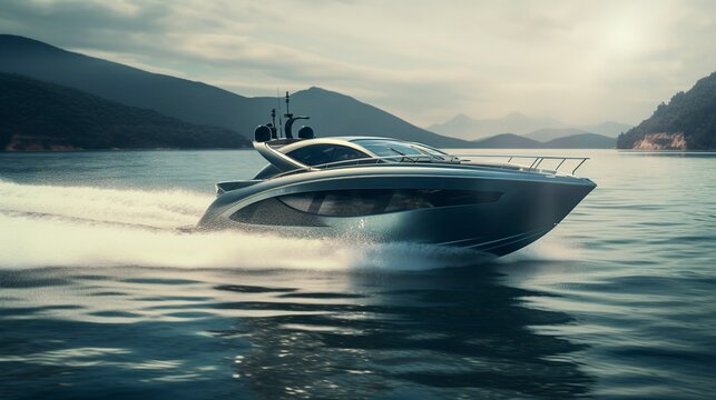 A photo of a modern speedboat cutting through the water