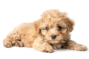 Cute puppy of Maltipoo dog posing isolated over white background and copy space - generative ai