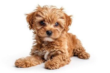 Cute puppy of Maltipoo dog posing isolated over white background and copy space - generative ai