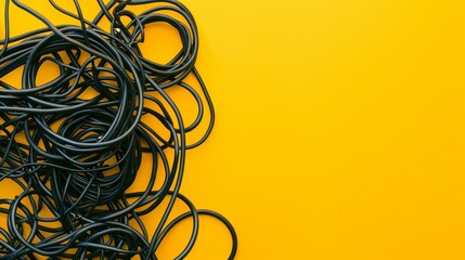 Tangled rolls of computer wires over a yellow background, illustrating the chaotic side of technology management - obrazy, fototapety, plakaty