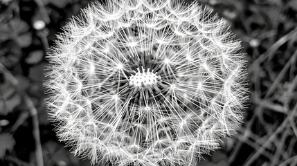 a black and white photo of a dandelion with lots of seeds in the middle of the dandelion.
