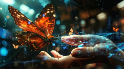 The concept of biosensor technology and its integration with new experiences in the metaverse, web3, and blockchain, illustrated by a hand interacting with a computer-generated surreal butterfly