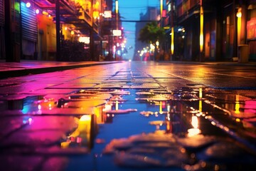 Neon lights shimmering on a wet surface