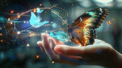 The concept of biosensor technology and its integration with new experiences in the metaverse, web3, and blockchain, illustrated by a hand interacting with a computer-generated surreal butterfly - obrazy, fototapety, plakaty