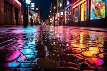 Obraz premium Neon signs casting colorful reflections on wet pavement