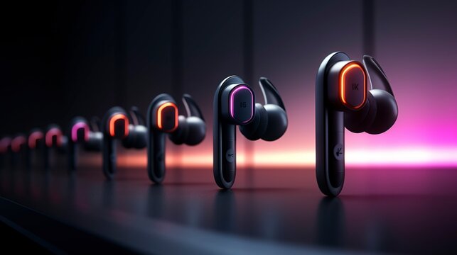 A photo of a row of sleek fitness earbuds.