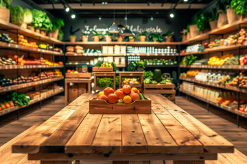 A large produce section of a grocery store with a wooden table in the middle - obrazy, fototapety, plakaty