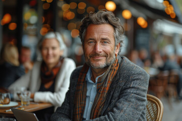 Relaxed Elegance Confident Businesspeople and Colleague Enjoying a Casual Meeting at a Bustling Cafe