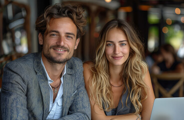 Fototapeta premium Relaxed Elegance Confident Businesspeople and Colleague Enjoying a Casual Meeting at a Bustling Cafe