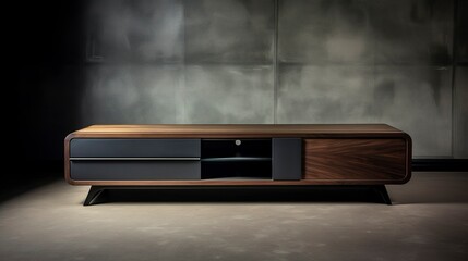 A photo of a sleek media console with built-in stone - obrazy, fototapety, plakaty