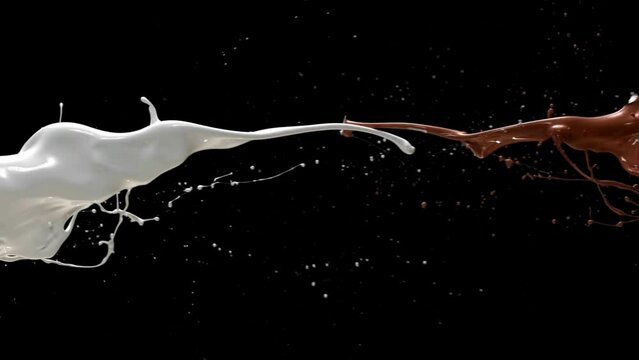  Slow Motion Locked Down Close-Up: Milk and Chocolate Colliding on Black Background in 4K Ultra HD Resolution