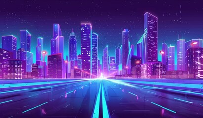 Fototapeta na wymiar 80s style art of a city skyline at night with purple and blue neon lights, an empty highway in the foreground cityscape panorama Generative AI