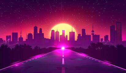 80s style cartoon of purple city skyline with road, night sky, neon lights Generative AI