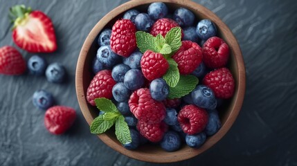 A bowl of blueberries and raspberries with mint leaves, AI