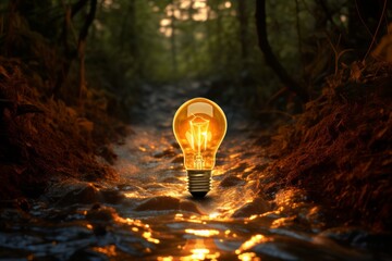 A creative composition of a floating light bulb illuminating a path to creativity - obrazy, fototapety, plakaty