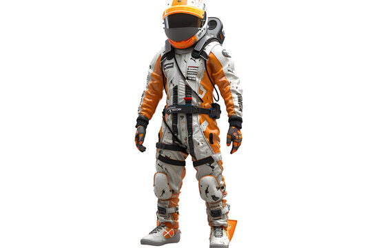 A 3D animated cartoon render of an orange and white racing suit with sponsor logos.