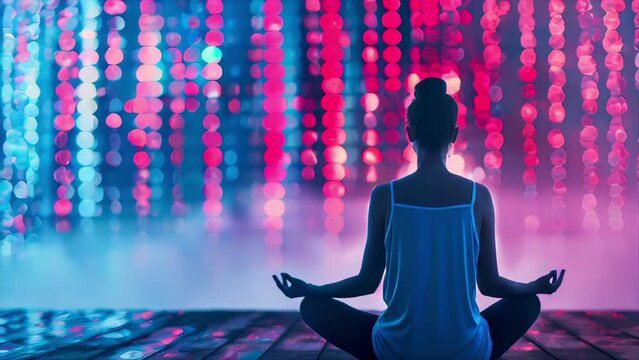 A woman is meditating in a room with a data waterfall in the background. 4K video.