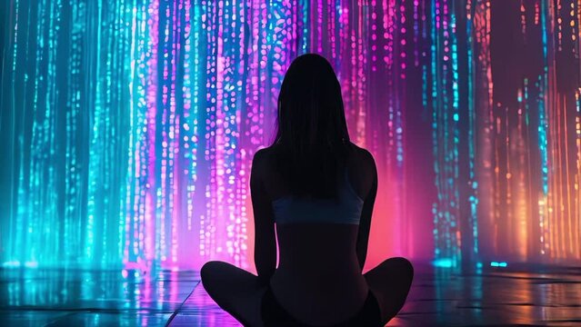 A person is meditating in a room with a data waterfall in the background. 4K video.