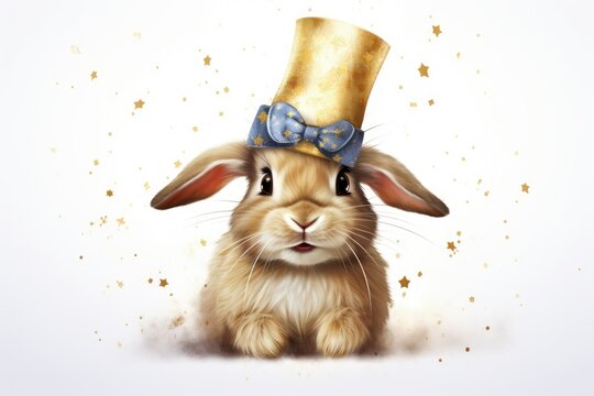 rabbit in a festive hat on a white background. Postcard. illustration