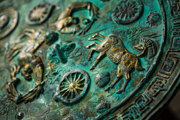 Detailed close-up of a metal plate adorned with intricate animal designs and patterns