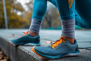 An individual is wearing vibrant blue and orange running shoes