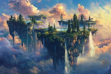 Surreal landscape with floating islands and waterfalls, digital painting