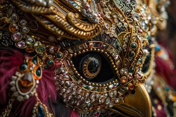 Detailed close-up shot of a mask adorned with beads and feathers, showcasing intricate decorative elements