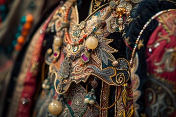 A detailed close-up shot showcasing a vibrant and intricately adorned jacket