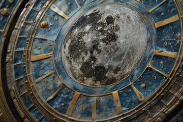 A close-up of a clock with the moon positioned in the center, showing the time against a dark background