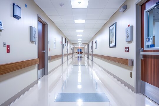 A long hospital hallway adorned with a few pictures on the wall