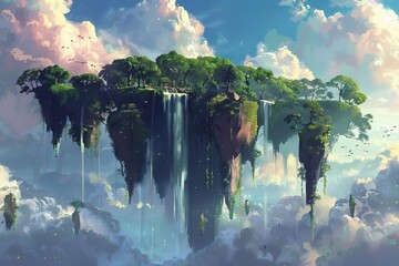 Surreal landscape with floating islands and waterfalls, digital painting - obrazy, fototapety, plakaty